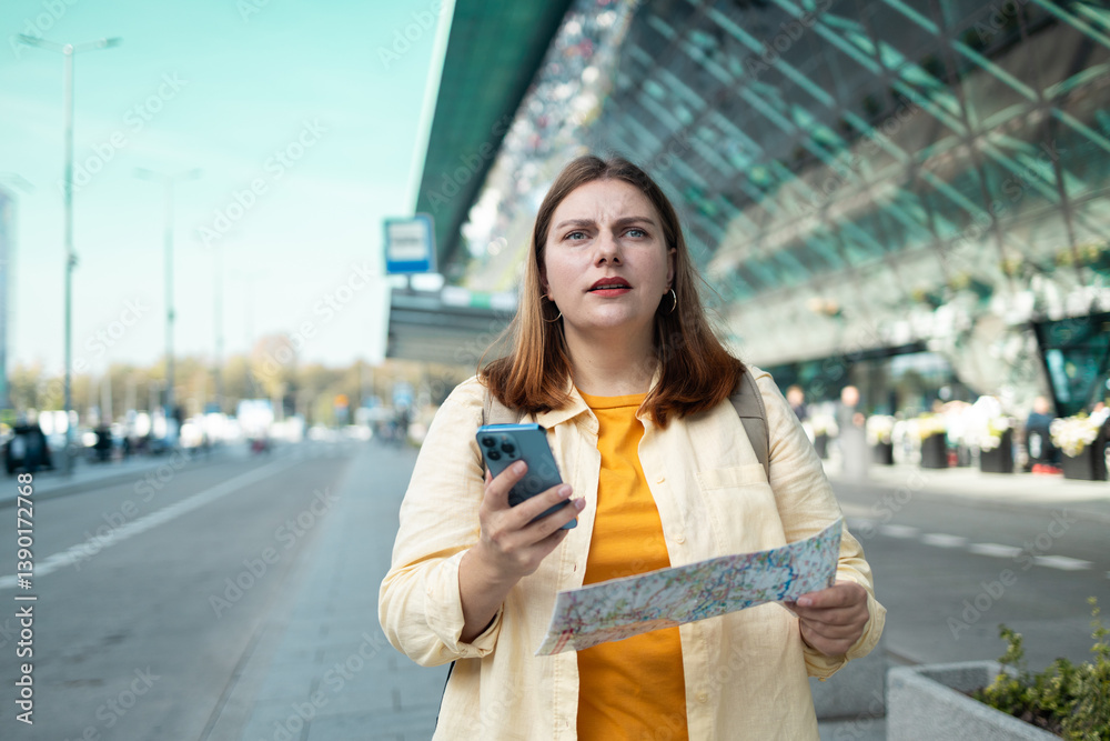 A young woman standing outside the airport terminal, holding a map in one hand and a smartphone in the other, looking up at directions to navigate her way. She’s using technology for assistance in