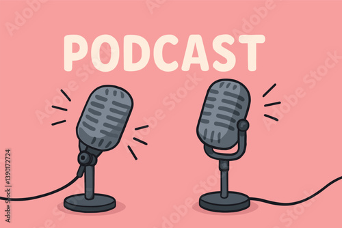 Cartoon podcast microphones on pink background for audio show design