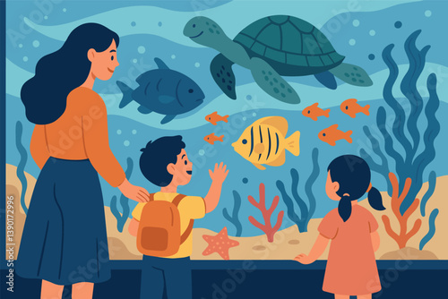 Family adventure at the aquarium with children watching colorful marine life