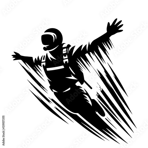 Astronaut soaring with arms outstretched against a dynamic backdrop  