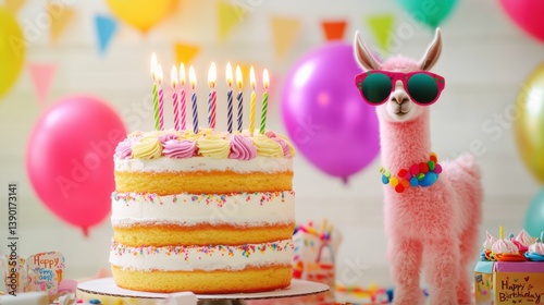 Colorful birthday celebration with a cake, balloons, and a playful llama at a festive party