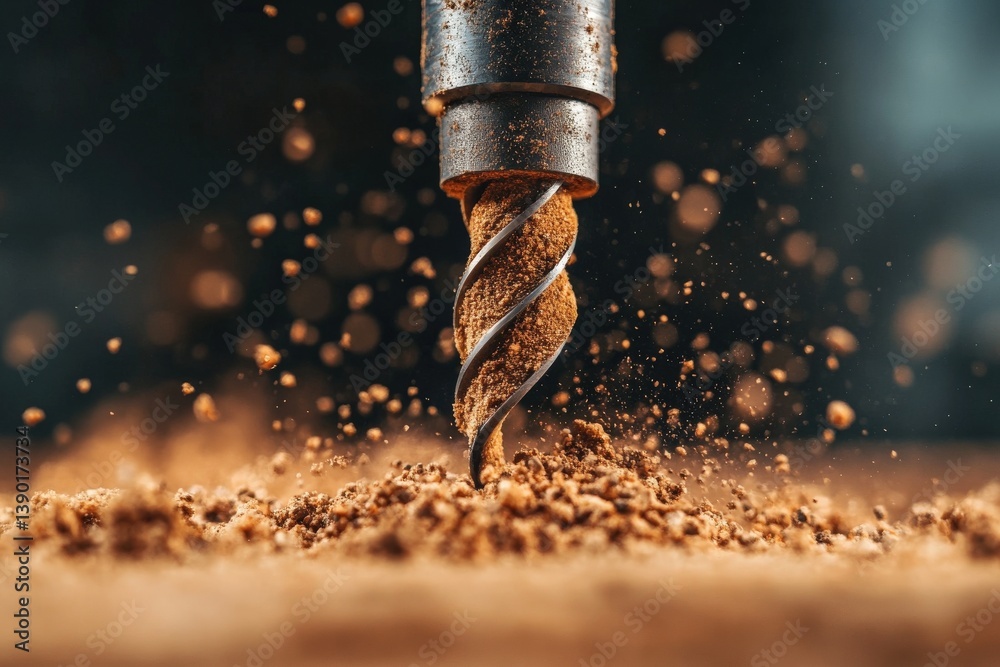 A close-up of a drill bit cutting through material, creating a spray of particles, illustrating precision and power in machinery.