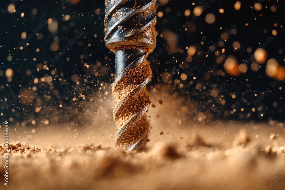 A close-up of a drill bit cutting through soil, creating a cloud of dust and particles, showcasing precision in action.