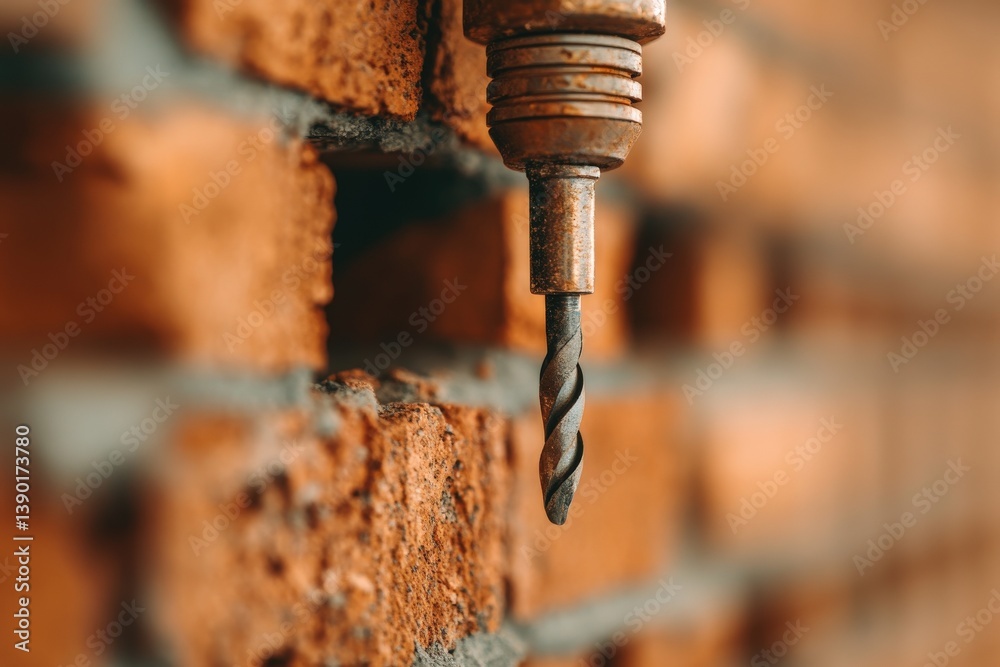 A close-up of a drill bit poised against a textured brick wall, highlighting the details of the tool and the surface it is designed to penetrate.
