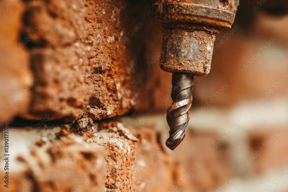 Close-up of a rusty drill bit poised above a textured brick wall, showcasing a blend of industrial tools and construction materials.