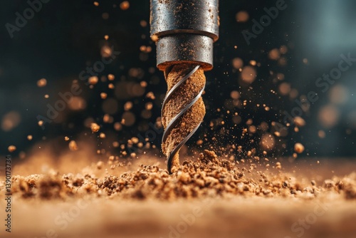 Obraz na płótnie A close-up of a drill bit cutting through material, creating a spray of particles, illustrating precision and power in machinery. w salonie