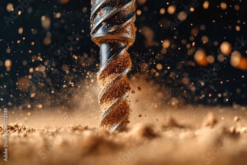 Obraz na płótnie A close-up of a drill bit cutting through soil, creating a cloud of dust and particles, showcasing precision in action. w salonie