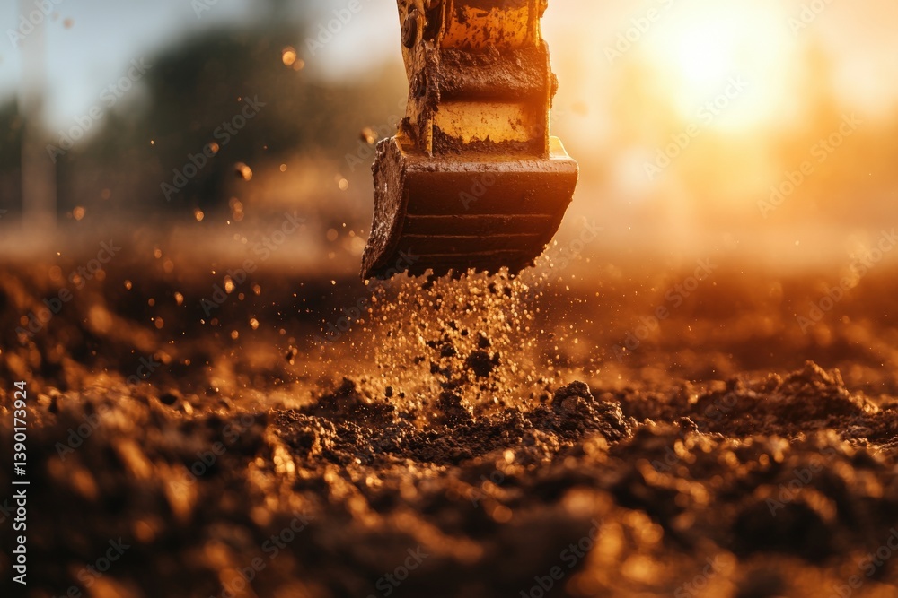 A construction vehicle digs into the earth, sending up a spray of soil and dirt, illuminated by warm sunlight in the background.