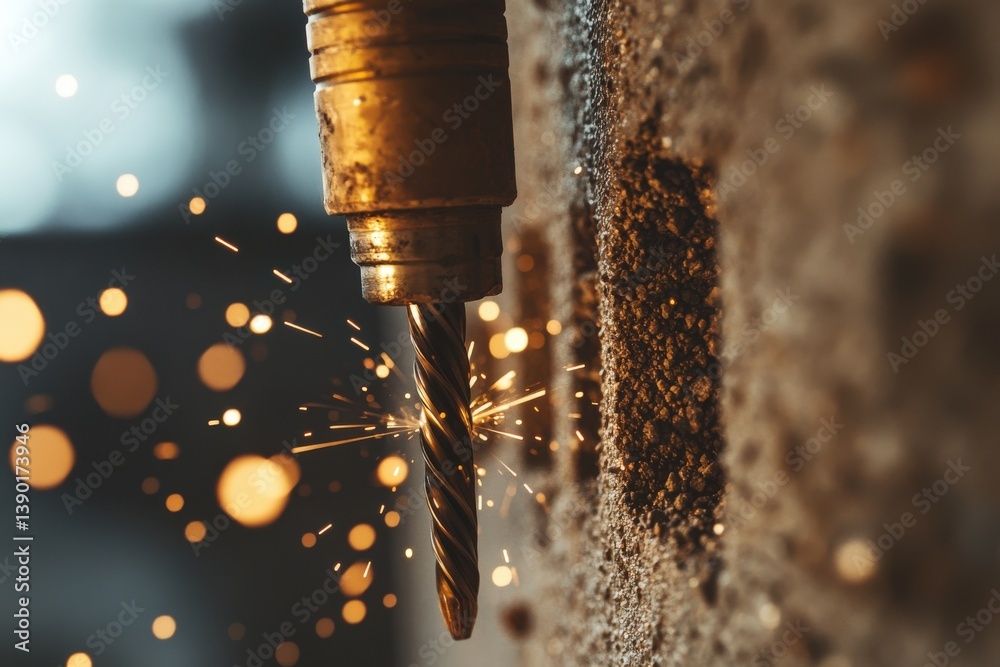 A close-up of a drill bit creating sparks as it penetrates a surface, highlighting the power and precision of drilling tools in action.