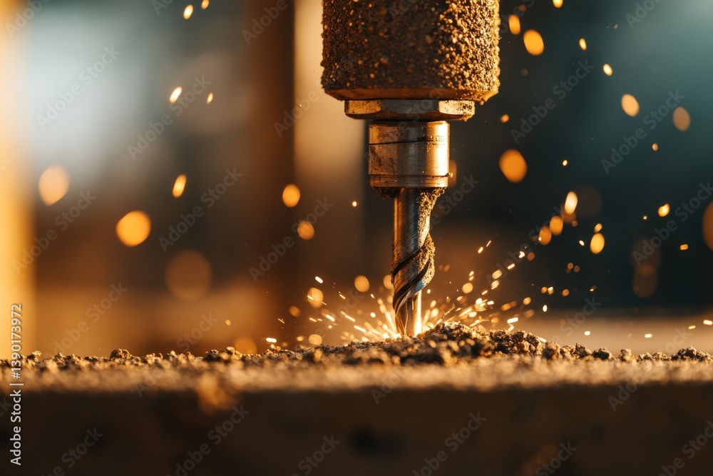 A close-up of a drill bit in action, creating sparks while cutting through material, showcasing the dynamic process of machining.