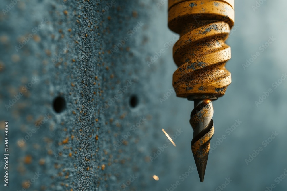 A close-up of a rusty drill bit against a textured surface, capturing the moment of drilling with metal shavings flying off.