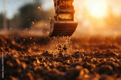 Obraz na płótnie A construction vehicle digs into the earth, sending up a spray of soil and dirt, illuminated by warm sunlight in the background. w salonie