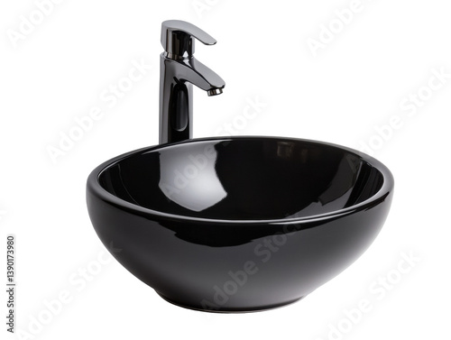 Modern black basin for contemporary bathroom decor on a transparent background, cut out
