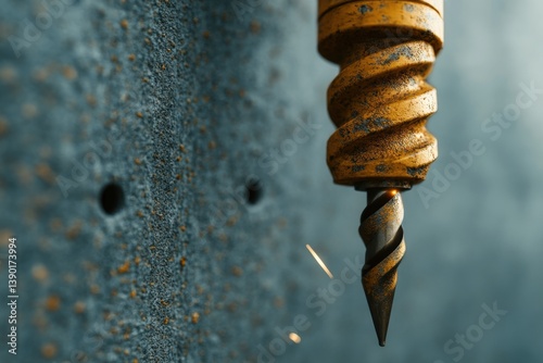 Obraz na płótnie A close-up of a rusty drill bit against a textured surface, capturing the moment of drilling with metal shavings flying off. w salonie