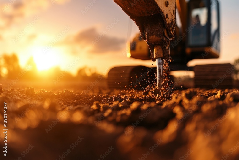 A close-up view of a construction machine digging into soil at sunset, capturing the movement of dirt and water droplets.
