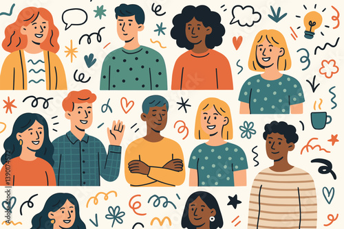 Diverse people engaging in conversation with positive expressions and doodle art