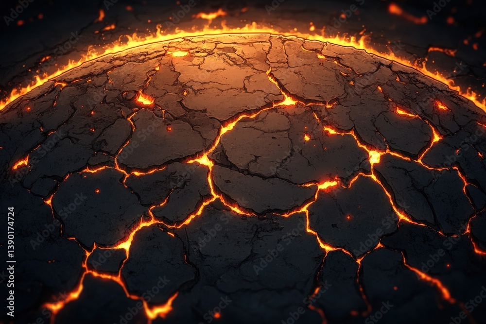 A fiery, cracked landscape with glowing lava flows, depicting intense geological activity and the raw power of nature.