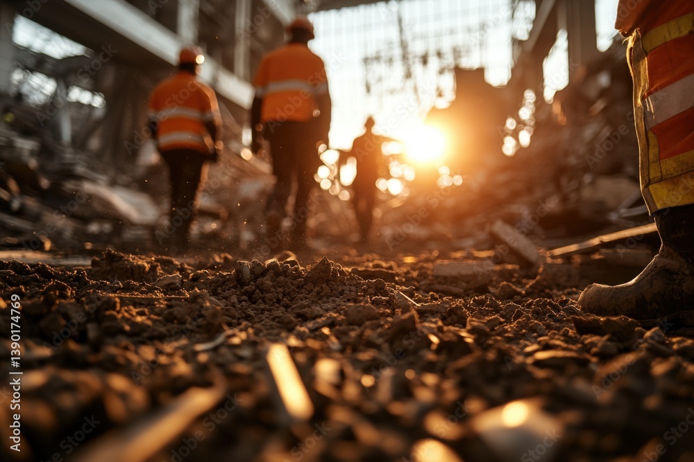 Workers in safety gear walk through a construction site at sunset, highlighting the contrast between labor and the environment.