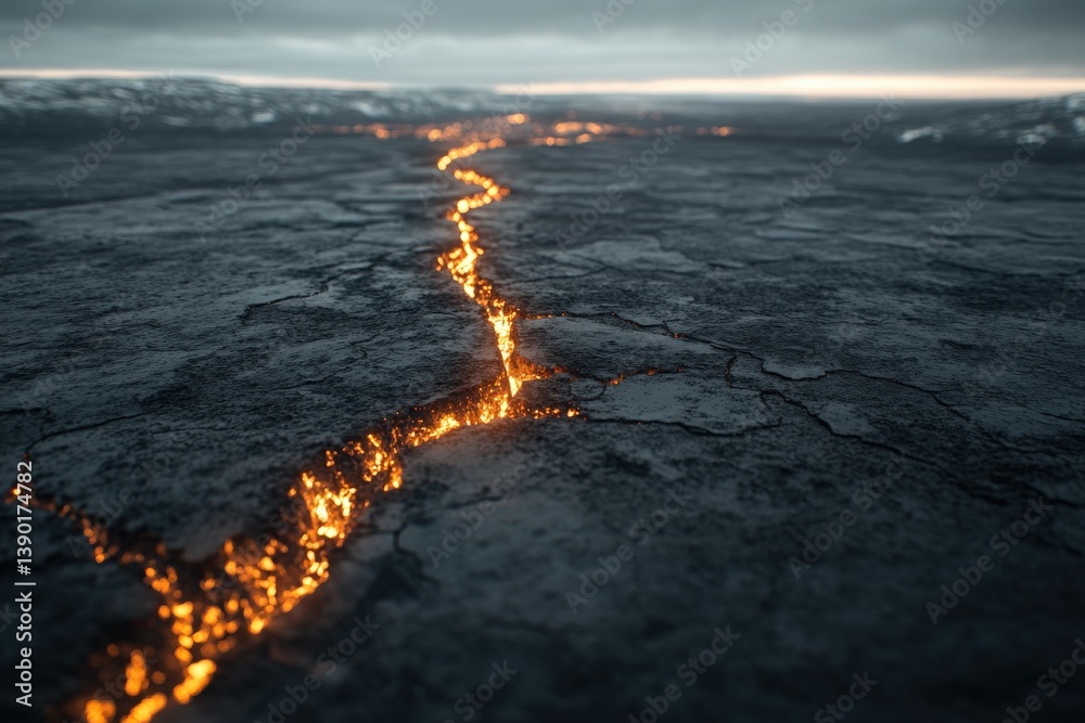 A vivid scene of glowing lava seeping through cracked, dark earth, showcasing the raw power of volcanic activity in a dramatic landscape.