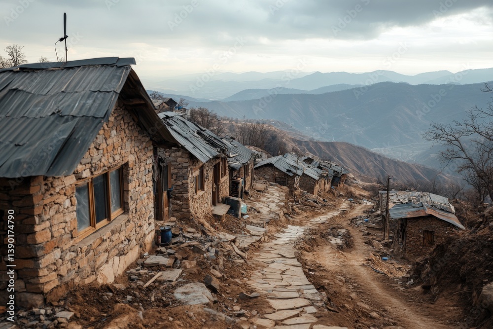 A rugged hillside village features stone houses with metal roofs, set against a backdrop of mountains under a cloudy sky.