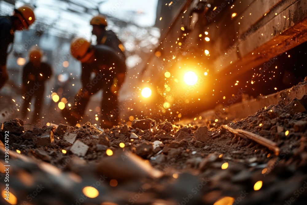 Workers in hard hats operate at a construction site, creating sparks and dust under warm lighting, depicting labor and industry in action.