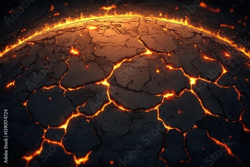 A fiery, cracked landscape with glowing lava flows, depicting intense geological activity and the raw power of nature.