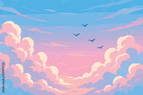Serene cloudscape at sunset with soaring birds and pastel skies