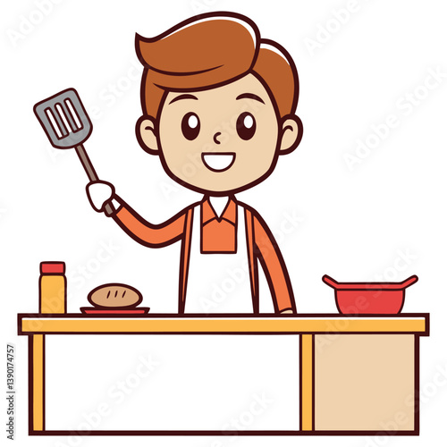 Cartoon Man in Apron Holding Spatula at Kitchen Counter on White Background