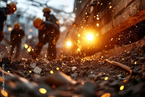 Workers in hard hats operate at a construction site, creating sparks and dust under warm lighting, depicting labor and industry in action.
