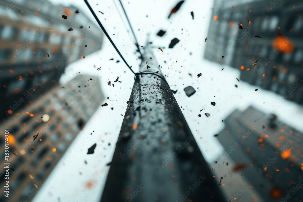 The image depicts a dramatic perspective of a vertical pole with debris flying around, set against a backdrop of urban buildings, evoking a sense of chaos.