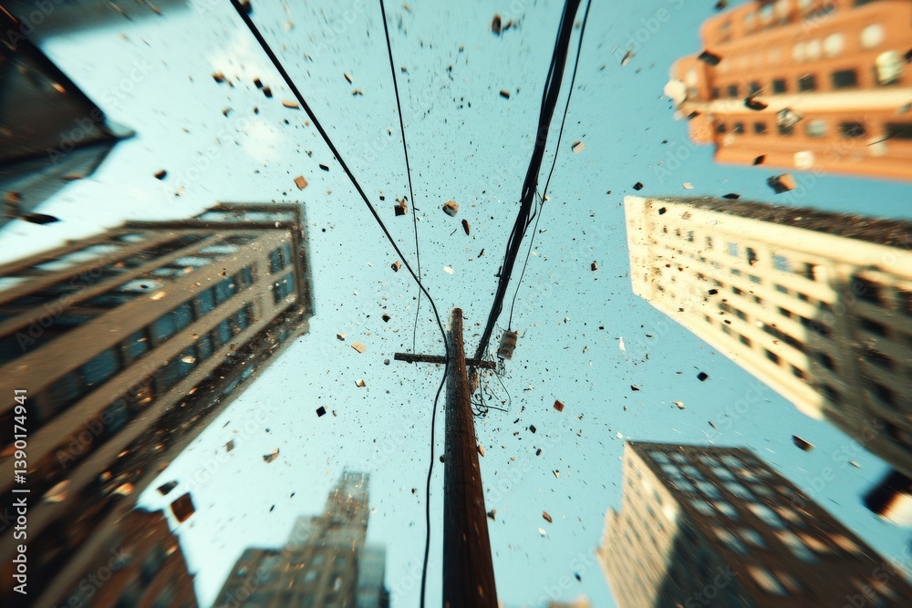 A dynamic perspective capturing tall buildings under a clear sky, with debris falling, creating an interesting urban scene.