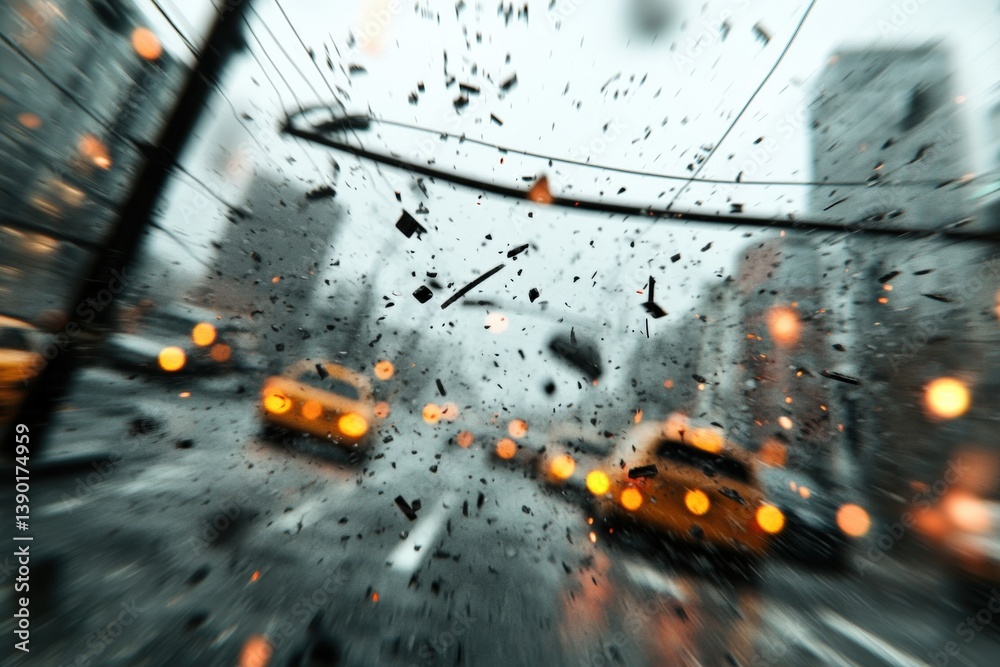 A blurred view of a rainy city street with glowing lights, showcasing the dramatic impact of weather on urban life.