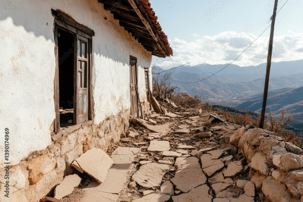 An abandoned, weathered house sits on a rocky path, with mountains in the background and a bright sky, showcasing rural decay and natural beauty.