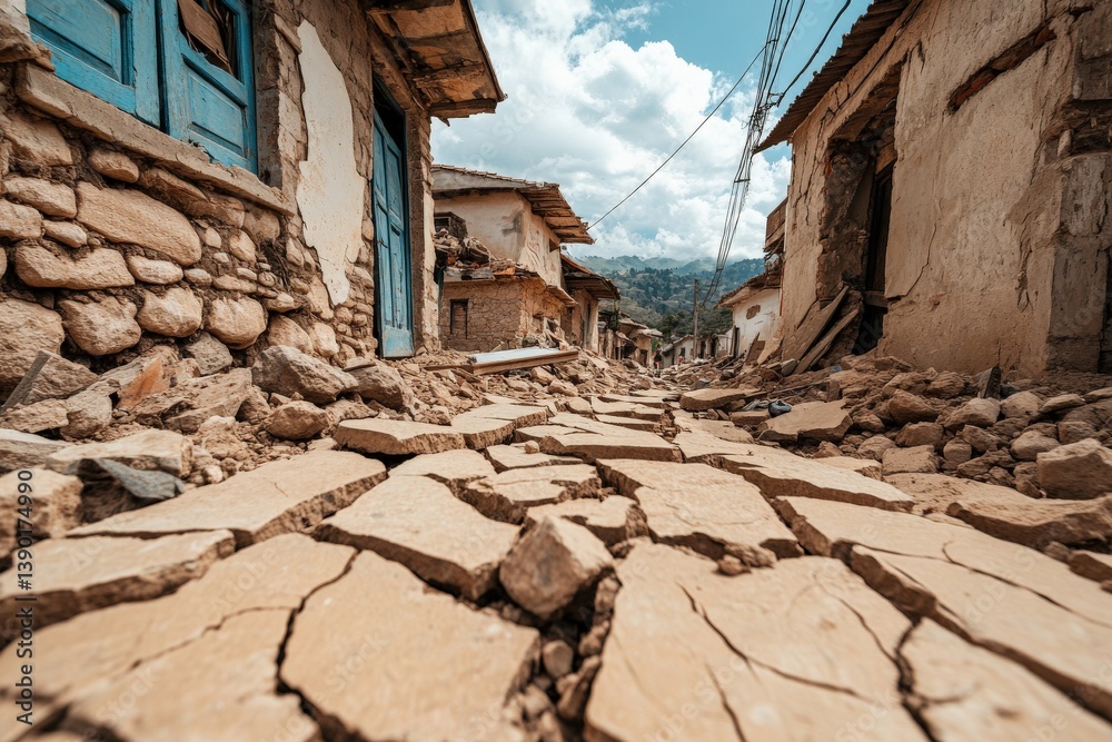 A cracked stone pathway leads through deserted, weathered buildings under a clear blue sky, evoking a sense of abandonment and decay.