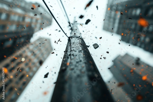 Obraz na płótnie The image depicts a dramatic perspective of a vertical pole with debris flying around, set against a backdrop of urban buildings, evoking a sense of chaos. w salonie