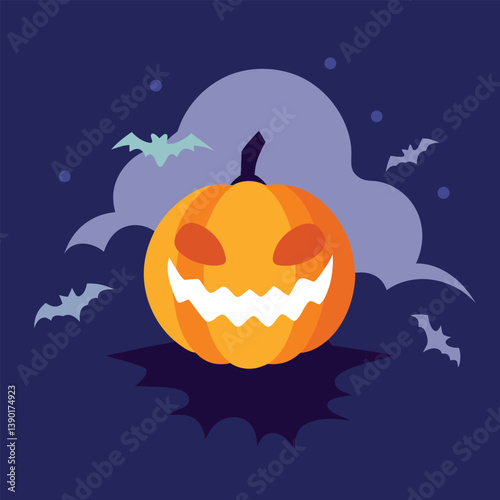 Eerie Halloween Pumpkin Illustration with Bats and a Starry Night Backdrop