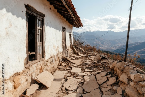 Obraz na płótnie An abandoned, weathered house sits on a rocky path, with mountains in the background and a bright sky, showcasing rural decay and natural beauty. w salonie