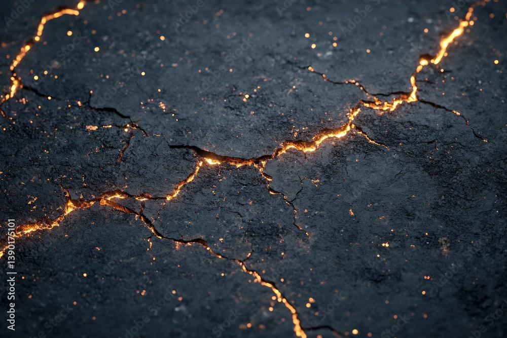 A textured, dark surface with cracks illuminated by glowing lines, suggesting a dramatic geological or artistic effect.