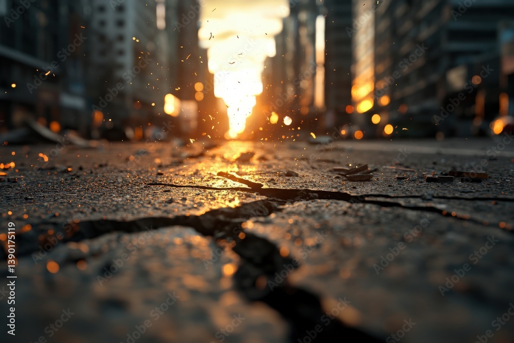 A street scene at sunset, showcasing cracked pavement and a golden glow, emphasizing urban textures and the beauty of twilight.