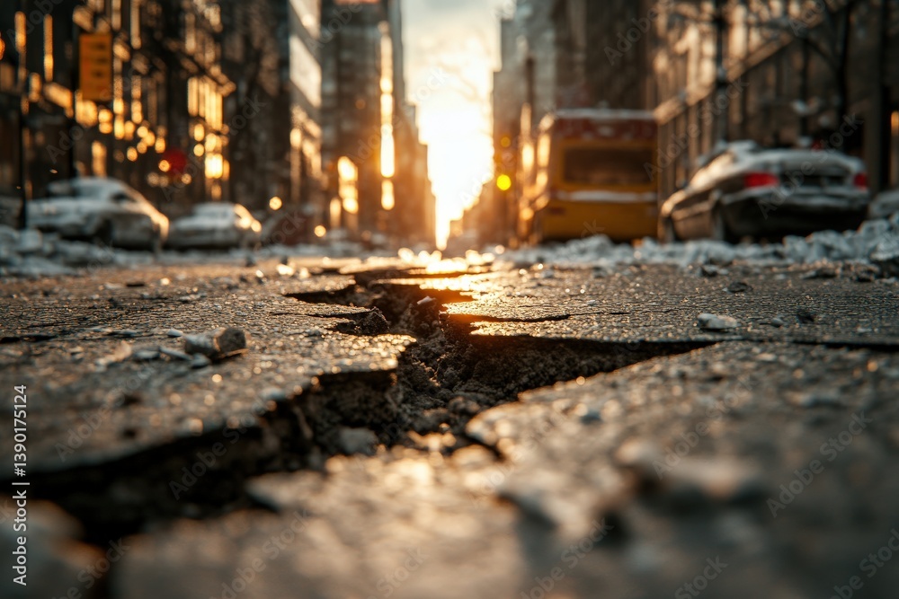 A cracked street in an urban setting with a sunset glow, suggesting urban decay and the impact of weather on infrastructure.