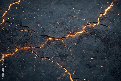 Obraz na płótnie A textured, dark surface with cracks illuminated by glowing lines, suggesting a dramatic geological or artistic effect. w salonie
