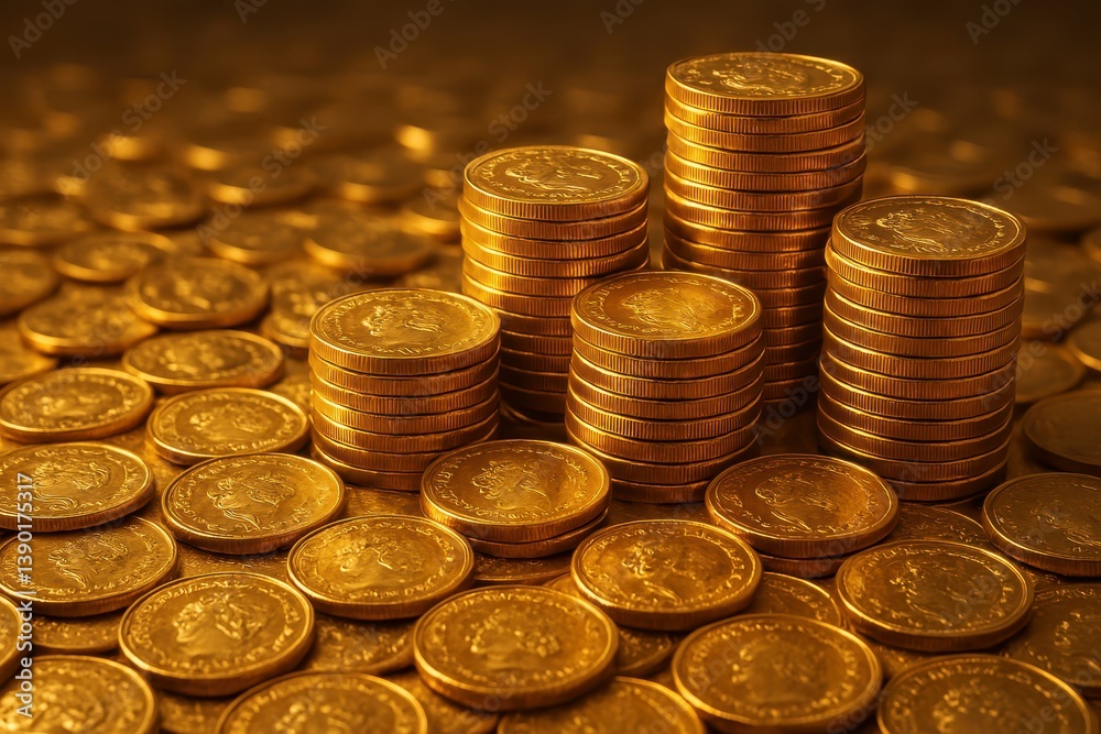 Shiny Gold Coins Stacked on Table Surrounded by More Coins Shiny Gold Coins Stacked on Table Surrounded by More Coins