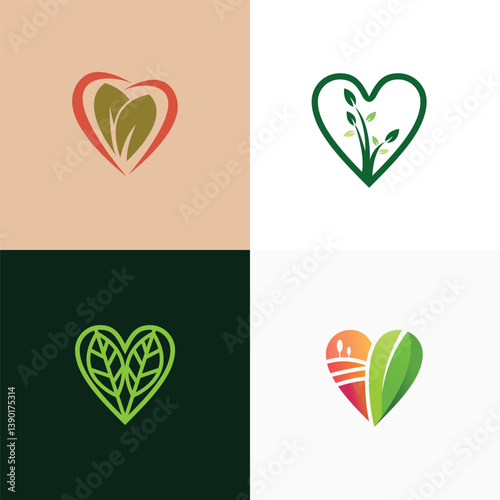 Illustration showcasing various heart-shaped designs featuring eco-friendly elements like leaves and nature-inspired motifs in a harmonious color palette, emphasizing environmental care and health.