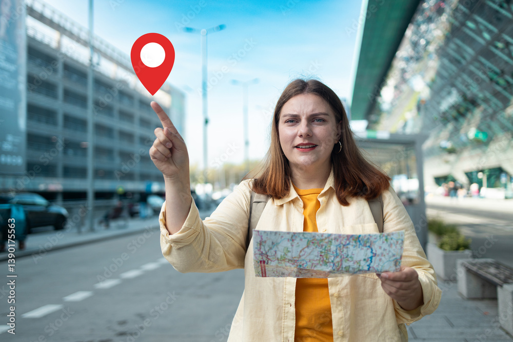 A woman standing at the airport, holding a map and pointing at a location pin symbol on the map. She looks confident and is ready to explore while navigating her way through the travel hub