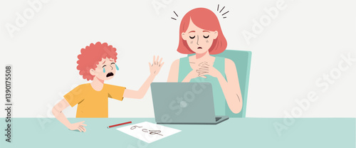 upset child reaching out to worried mother using laptop