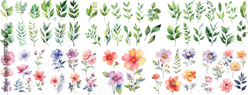 Set collection green leaves and flower watercolor style for printing. Green leaves big vector collection. Green watercolor leaves on isolated background.