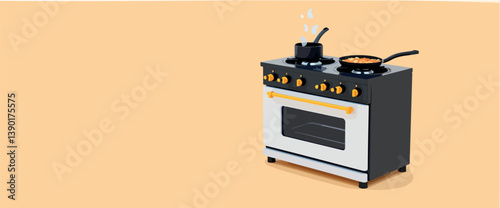 modern black and white stove with yellow accents cooking food