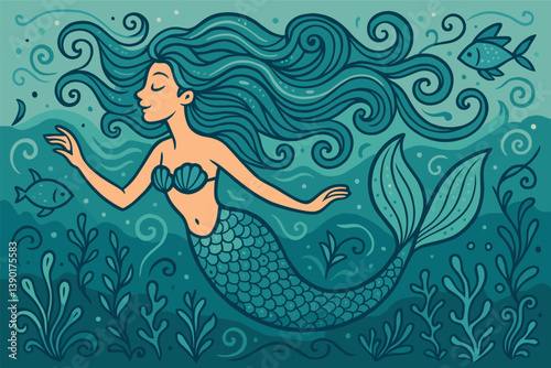 Dreamy mermaid underwater adventure with flowing hair and marine life