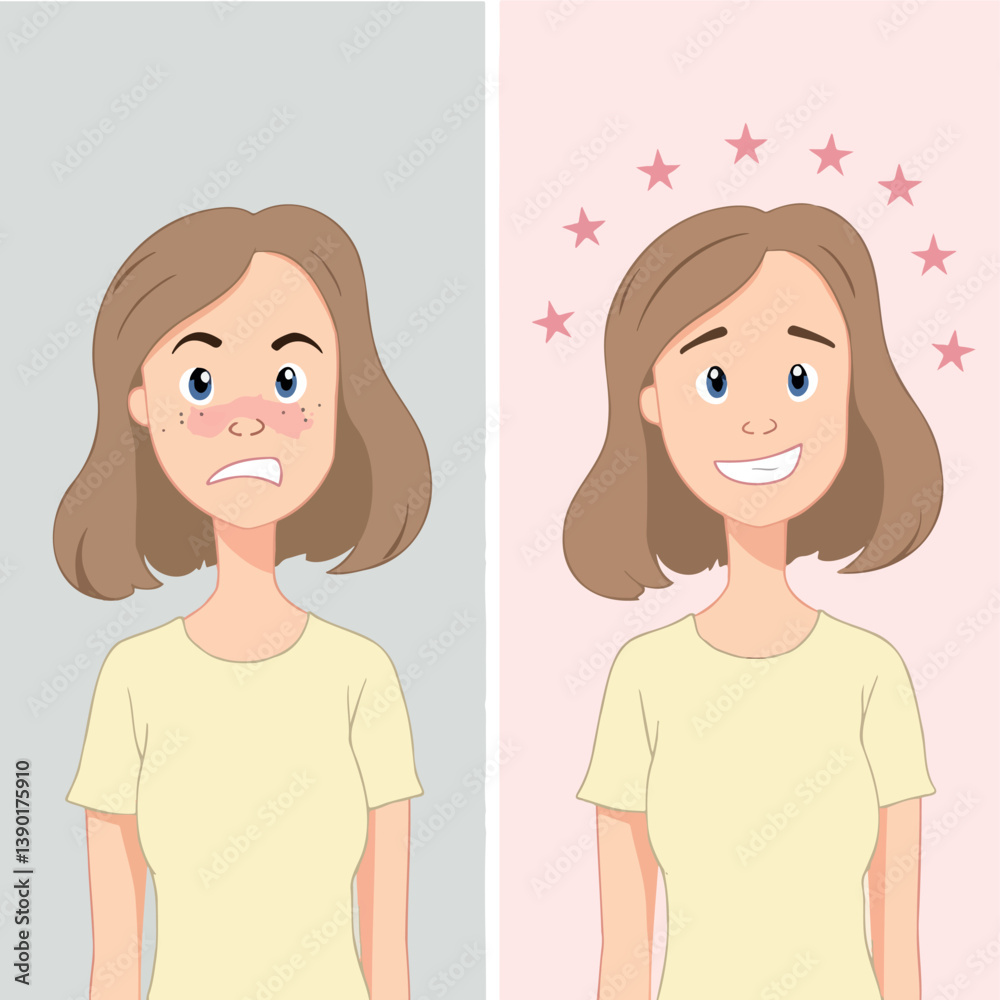 young woman's transformation from frustrated to joyful highlighting improvement in her skin young woman's transformation from frustrated to joyful highlighting improvement in her skin
