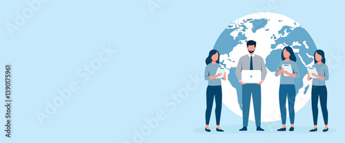 four business professionals collaborate using digital devices against a world map background.